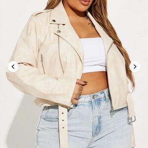 Cream Faux Leather Cropped Moto Jacket